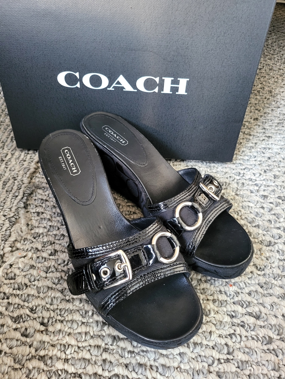 COACH Black Patent Leather Slide Wedges with Silver Hardware